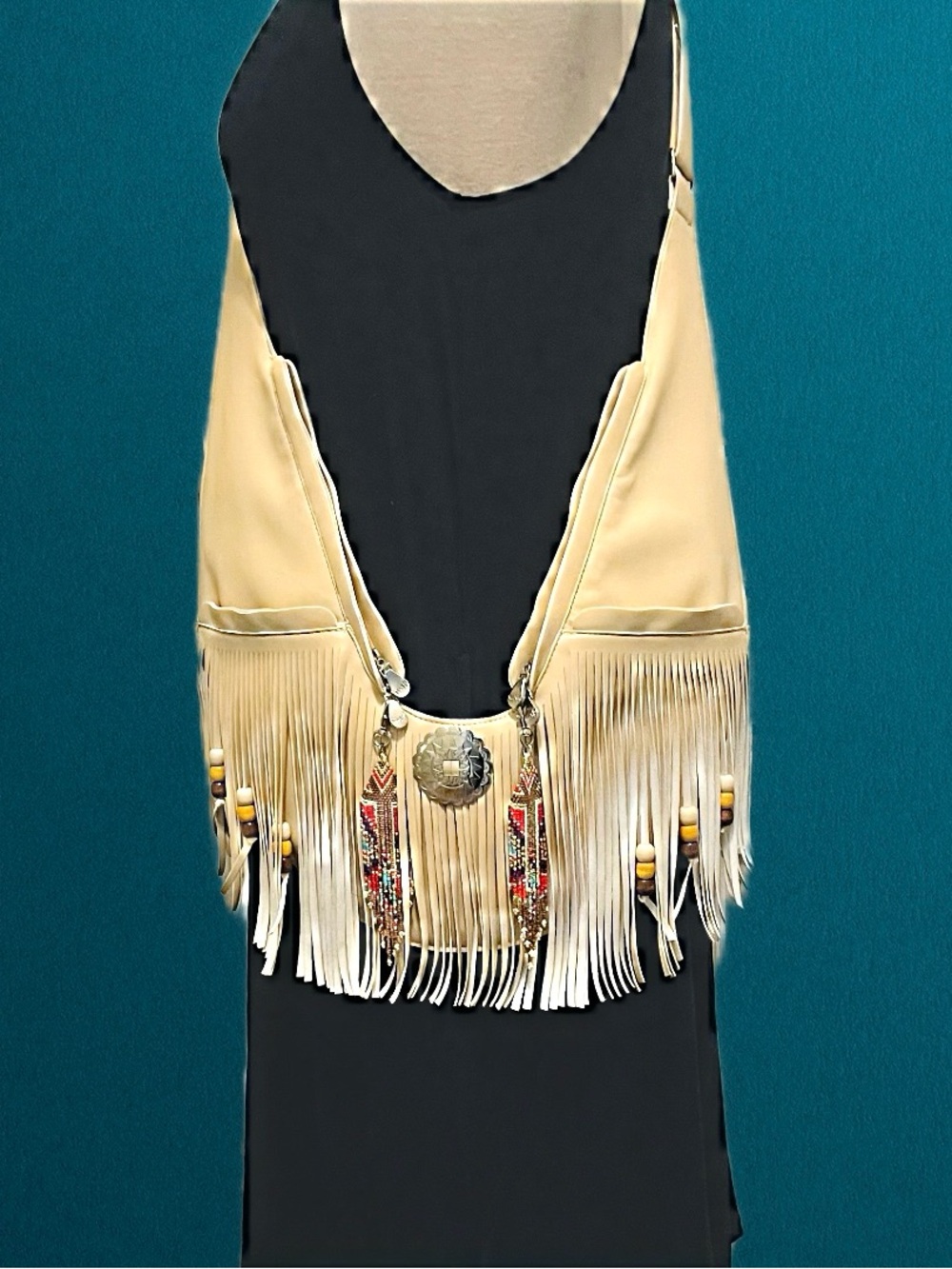 Sash Bag Vegan Leather Tan Fringed Crossbody Bag with Embellishments